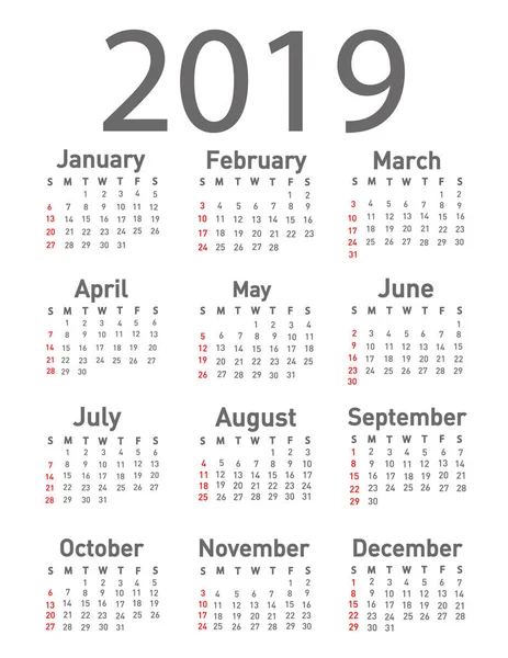 Calendário Para 2019 Ilustração Vetorial — Vetor de Stock
