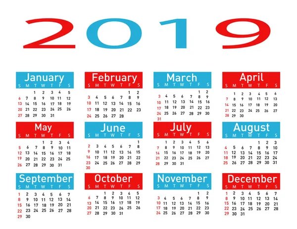 Calendario Para 2019 Vector Ilustración — Archivo Imágenes Vectoriales