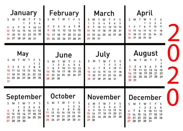 Calendar for 2020 vector illustration — Stock Vector