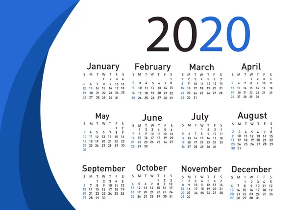Kalender för 2020 vektor illustration — Stock vektor