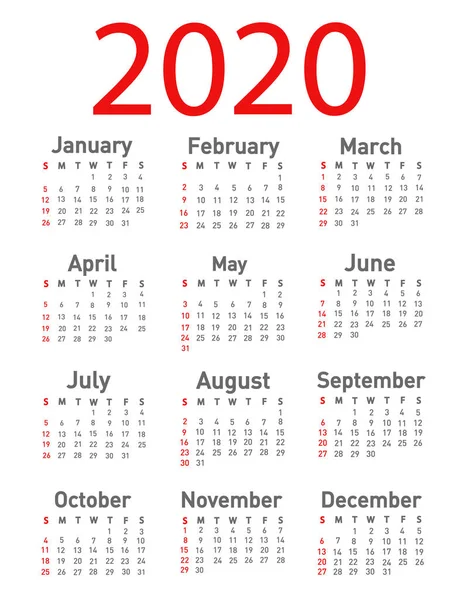 Calendário para 2020 ilustração vetorial —  Vetores de Stock