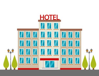 Syle arka planında, şehir merkezinde bir otel binası.