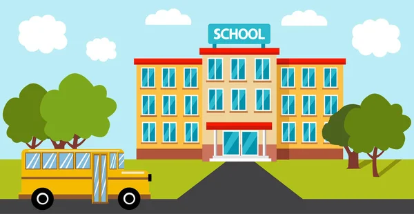 Edificio Escuela Secundaria Con Autobús Escolar — Vector de stock