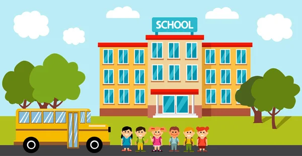 Edificio Escuela Secundaria Con Niños Autobús Escolar — Vector de stock