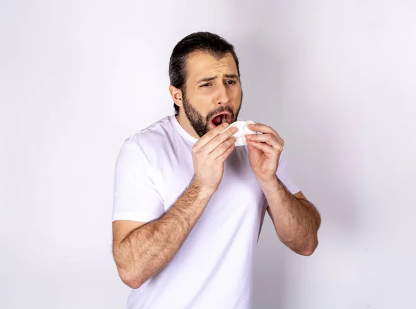 Handsome Man White Shirt White Background Sneezes Caught Cold — Stock Photo, Image