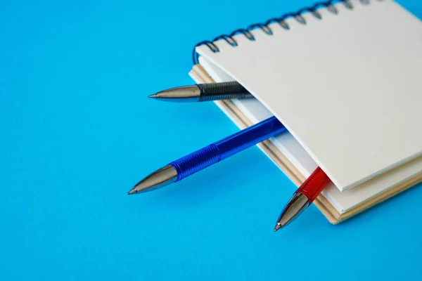 Καταχωρήσεις Μνήμης Ένα Σημειωματάριο Ένα Κόκκινο Μπλε Και Μαύρο Στυλό — Φωτογραφία Αρχείου