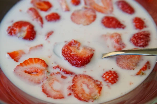 Die Richtige Ernährung Sichtscheibe Mit Erdbeeren Und Milch Auf Rotem — Stockfoto
