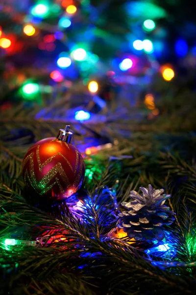 Red Golden Ball Lump Tree Branch Multicolored Lights Congratulations New — Stock Photo, Image