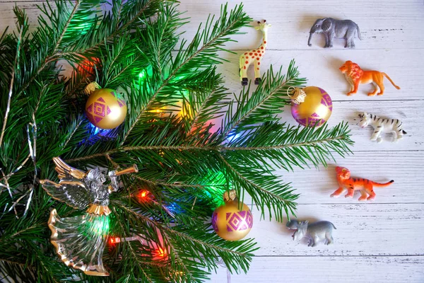 Decorado Com Brinquedos Luzes Ramo Árvore Ano Novo Perto Animais — Fotografia de Stock
