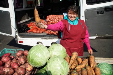 Rusya, şehir Magnitogorsk, - 3 Eylül 2018. Bir kız satıcı bir havuç bir çiftlik Caddesi'nde adil tutar. Şehrin yoksul sakinleri sebze.                    