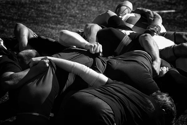 Equipo Rugby Entrenamiento Fotografía Blanco Negro Scramble — Foto de Stock