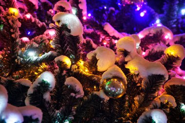Yapay bir köknar ağacının dalları karla kaplı ve dekore edilmiştir. Çok renkli Led ışıklar. Winter park                       