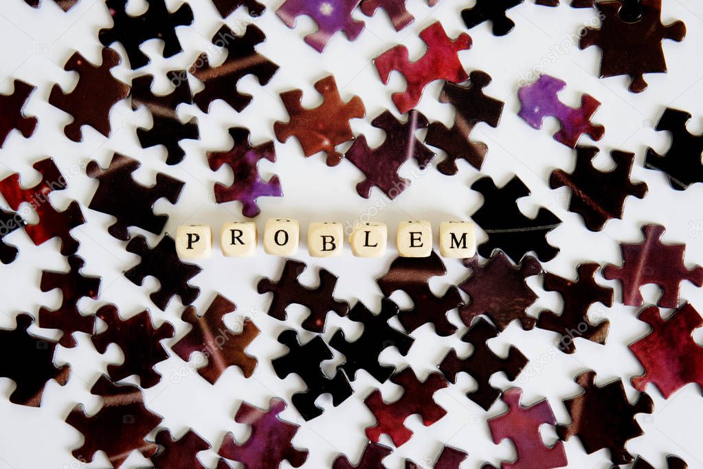 The problem and its solution. Assembling puzzles. Finding solutions to complex problems. Opportunities out of the problem situation. White background.                         