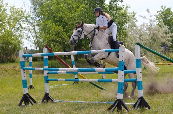 Magnitogorsk Russia June 2014 Rider White Horse Jumps High Barrier — Stock Photo, Image