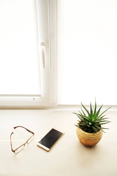 Cactus, smartphone, lunettes et papier à lettres sont sur le rebord de la fenêtre dans le bureau . — Photo