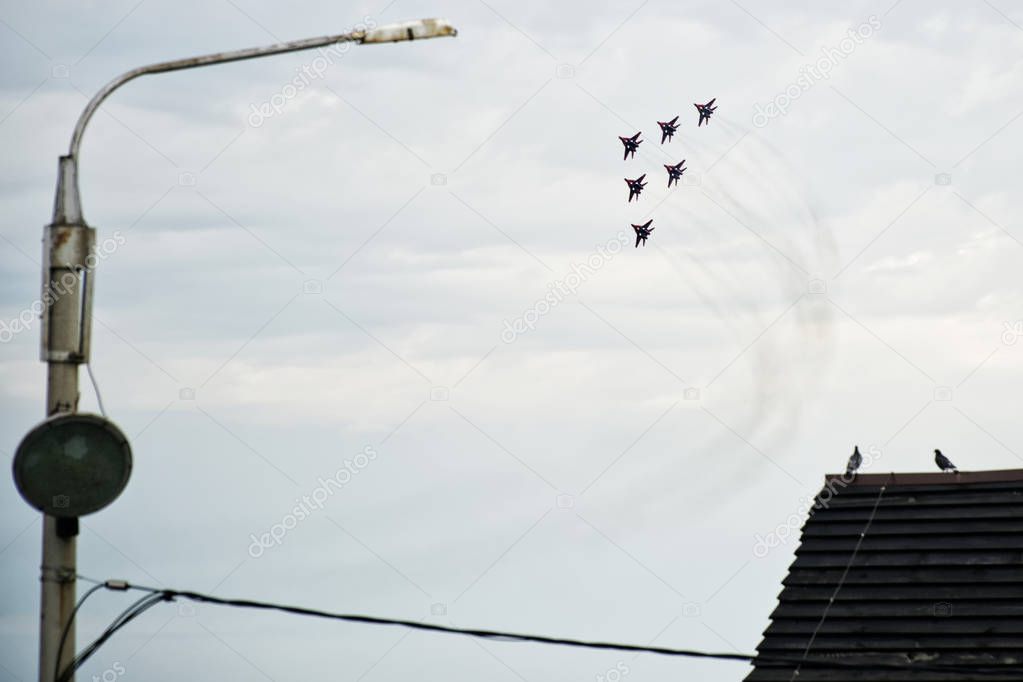 A group of 6 Russian fighter Fulcrum-A (MiG 29) in flight over t