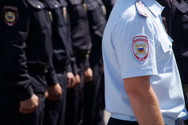 Ceremonial summer uniform of a patrol of the Russian police. Day