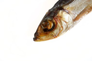 Beyaz bir arka plan üzerinde füme Baltık ringa balığı. Close. Makro. Di