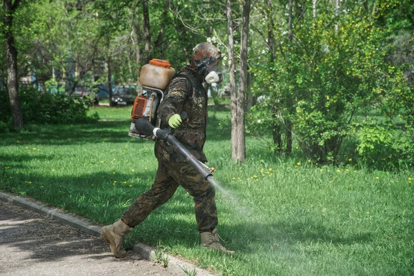 暗い保護服の労働者は 庭や公園で衛生的および化学的治療を行います 緑の草や木の間に防虫剤や抗ウイルス組成物を噴霧 都市経済 — ストック写真