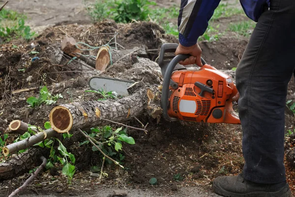 Ein Mann Schneidet Mit Einer Kettensäge Einem Garten Park Oder — Stockfoto