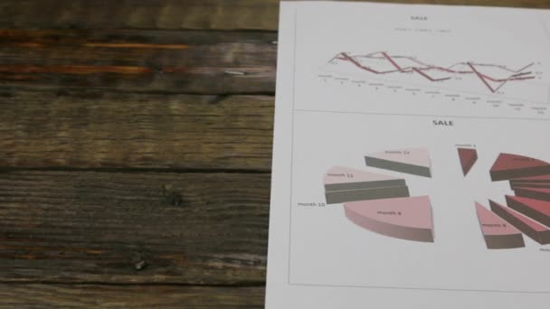 List s diagramy ležící na dřevěný stůl. Pohyb kamery jezdce. — Stock video