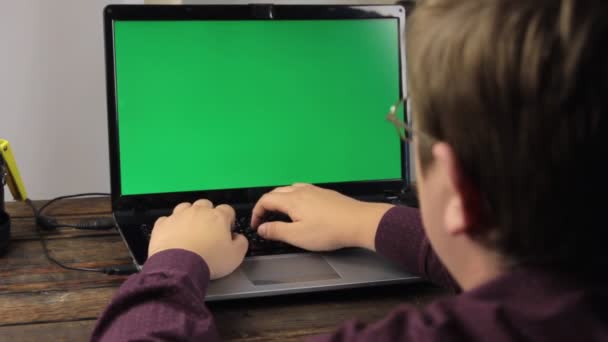 Man hand on laptop keyboard with green screen monitor in the office. — Stock Video