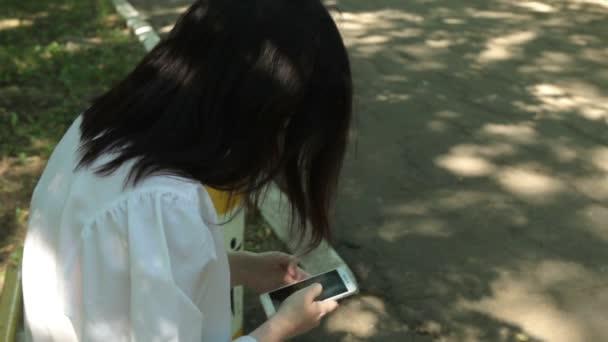 女孩在聊天 写和阅读评论的新帖子连接到互联网上 而坐在公园 网络通讯 — 图库视频影像