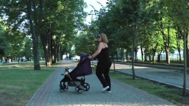 Mom Baby Lying Stroller Evening Walk Urban Landscape Beautiful Young — Stock Video