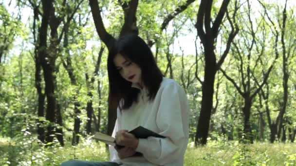 Chica se sienta y lee un libro en el parque . — Vídeos de Stock