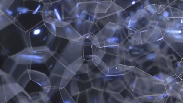 Macro close-up. Rotation of soap bubbles look like scientific image of lattice of beautiful polygons. — Stock Video