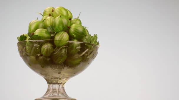 Rotación de un jarrón de vidrio con un montón de grosellas verdes . — Vídeo de stock