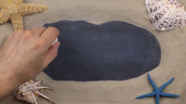 Handwritten word AMERICA written in chalk, among seashells and stars. Top view. — Stock Video