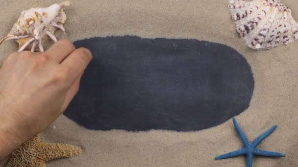 Handwritten word MALLORCA written in chalk, among seashells and stars. Top view. — Stock Video