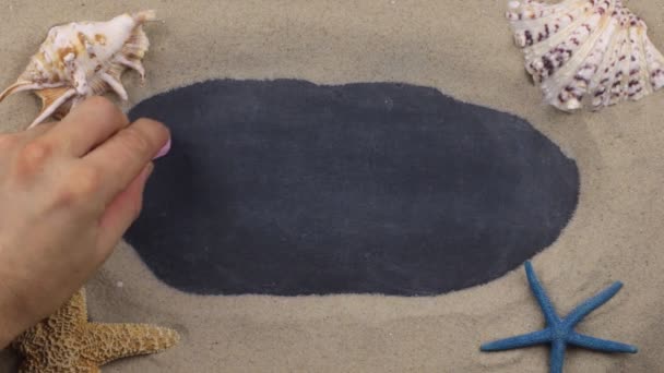 Handwritten word MARMARIS written in chalk, among seashells and stars. Top view. — Stock Video