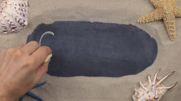 Handwritten word CYPRUS written in chalk, among seashells and stars. Top view. — Stock Video