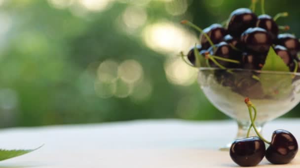 Panorama, cereza dulce en un jarrón de vidrio, fruta en un jarrón, con hermosos árboles de jardín borrosos . — Vídeo de stock