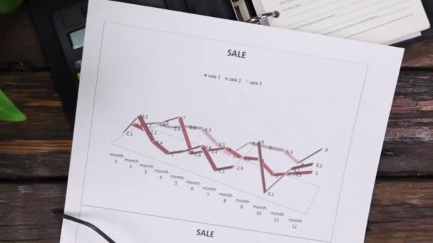 Kranaufzug, Draufsicht moderner Schreibtisch aus Holz mit Grafik und Brille. — Stockvideo