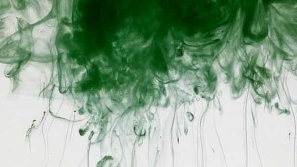 Veel verf stromen in water, groen gekleurde inkt. — Stockvideo