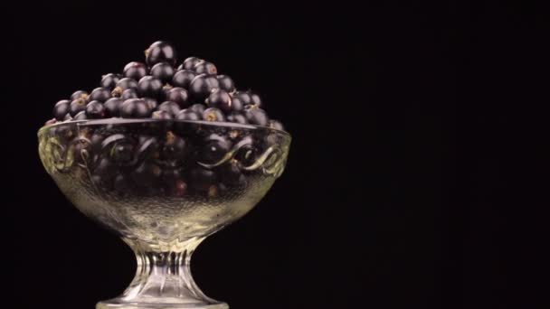 Rotación de un montón de grosellas negras en un jarrón de vidrio — Vídeos de Stock