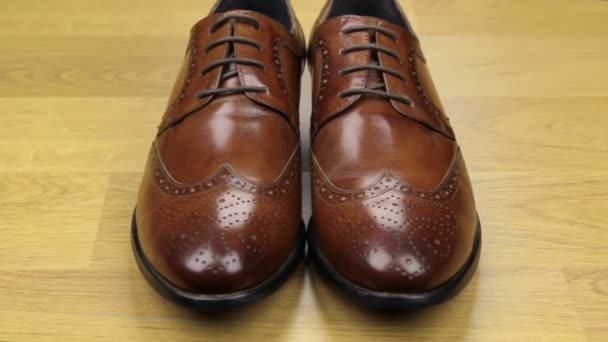 Yaklaşırken, kahverengi klasik erkek ayakkabı ahşap bir zemin üzerinde duran çifti. Erkek modası. — Stok video
