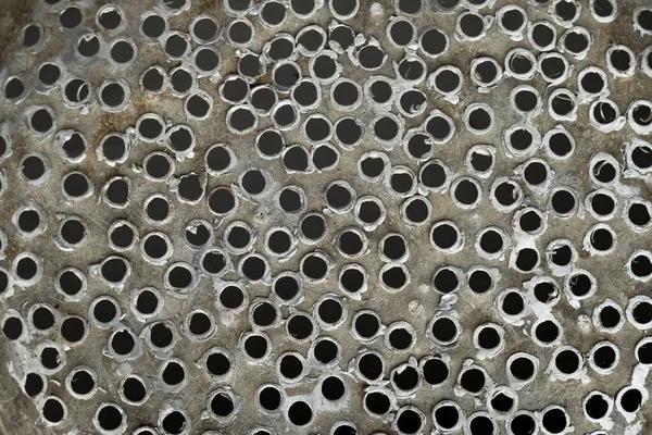 Holes in aluminum. Randomly holes in metal. Texture metal holes. Top view