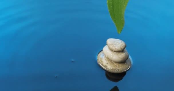 Droplets of water drops on pyramid and green leaves in blue water. Spa background. — Stock Video