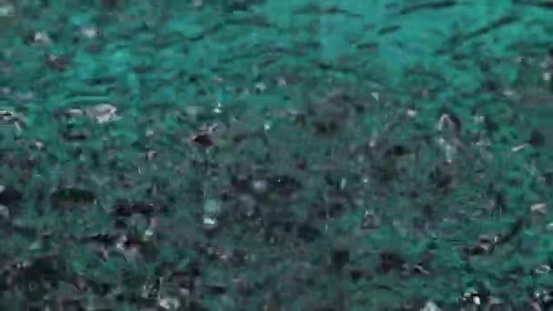 Gotas de chuva a cair em água verde. Close-up gota, respingo, ondulações na superfície da água. Movimento lento . — Vídeo de Stock