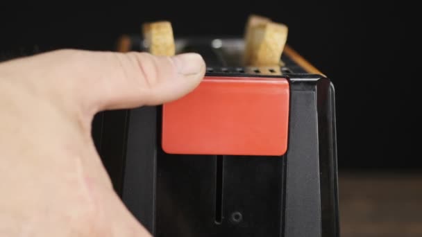Detailní záběr obsahuje topinkovač se dvěma plátky chleba. Zpomalený pohyb. — Stock video