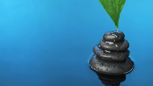 Slow motion. Falling drop of water into blue water with pyramid and green leaves. — Stock Video