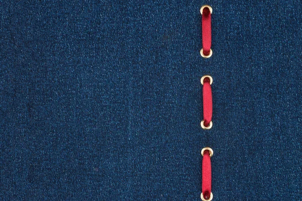 Red Silk Ribbon Inserted Dark Denim Fabric Place Your Text — Stock Photo, Image