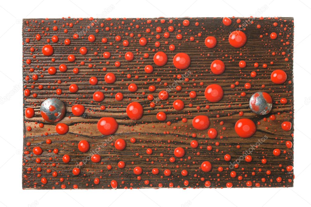 Natural frame made from plank with metal bolts in drops of red paint. Isolated on white background