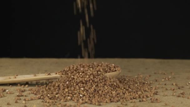 Buckwheat grains fall into a wooden spoon and heap is poured. Slow motion. — Stock Video