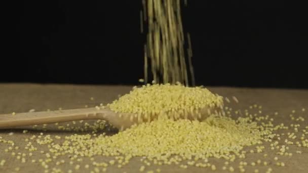 Пшоняні зерна потрапляють в дерев'яну ложку і наливають миску. Повільний рух . — стокове відео