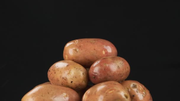 Kropelki wody spadające na stertę całych ziemniaków. Zwolniony ruch. — Wideo stockowe